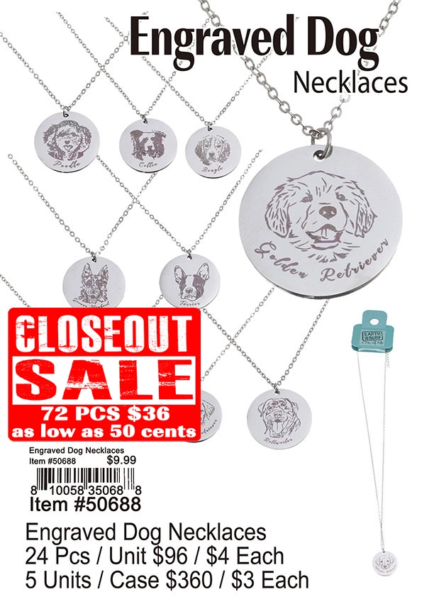 Engraved Dog Necklaces - Closeout 72 Pcs.